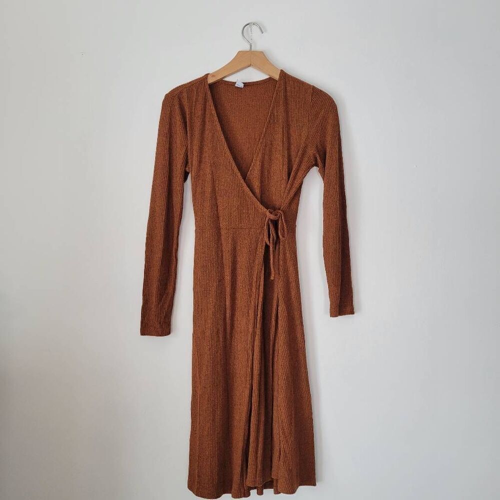 Old Navy Orange Knit Wrap Midi Dress Size Small Long Sleeve Soft Ribbed Cozy Fal